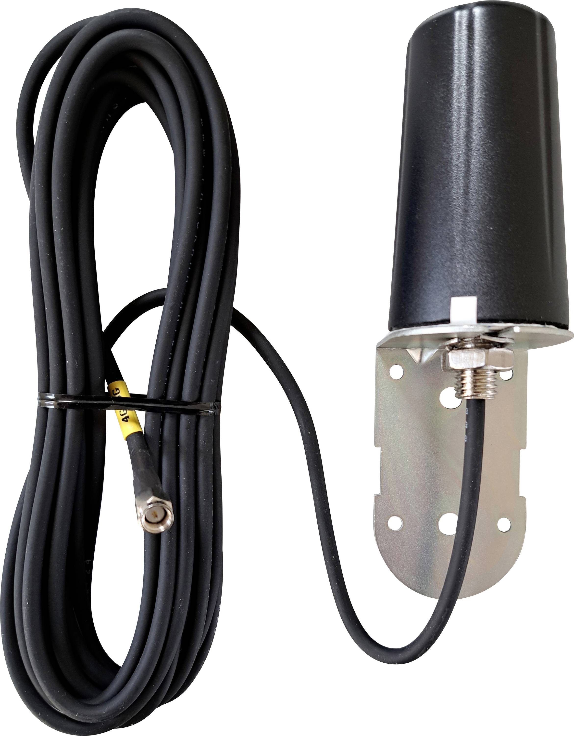Un cavo coassiale nero collegato a un'antenna cilindrica con staffa di montaggio in metallo, adatto per l'installazione a parete.