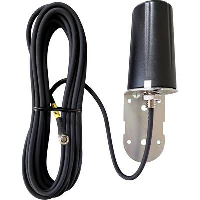 Un cavo coassiale nero collegato a un'antenna cilindrica con staffa di montaggio in metallo, adatto per l'installazione a parete.