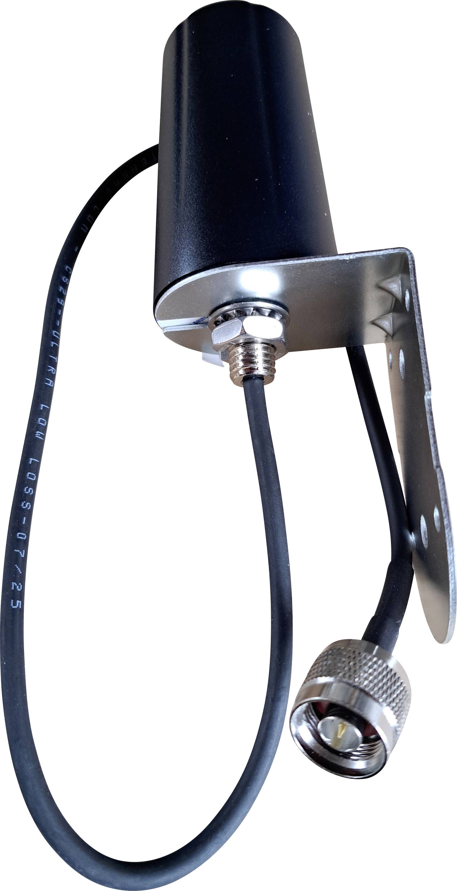 Un'antenna piccola nera con un supporto in metallo montato e un cavo arrotolato collegato che termina in un connettore rotondo, posizionata su una superficie liscia.