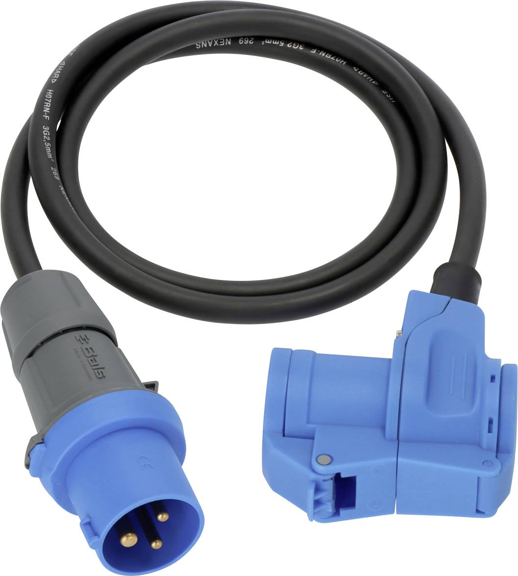 Cavo di alimentazione industriale blu e grigio con una spina maschio tripolare blu a un'estremità e un connettore blu all'altra estremità, arrotolato su uno sfondo bianco.