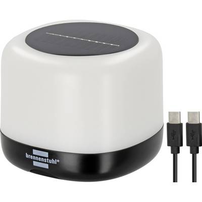 Caricabatterie solare portatile bianco e nero con pannello solare circolare sulla parte superiore e due cavi USB-C accanto, marchio 'brennenstuhl'.