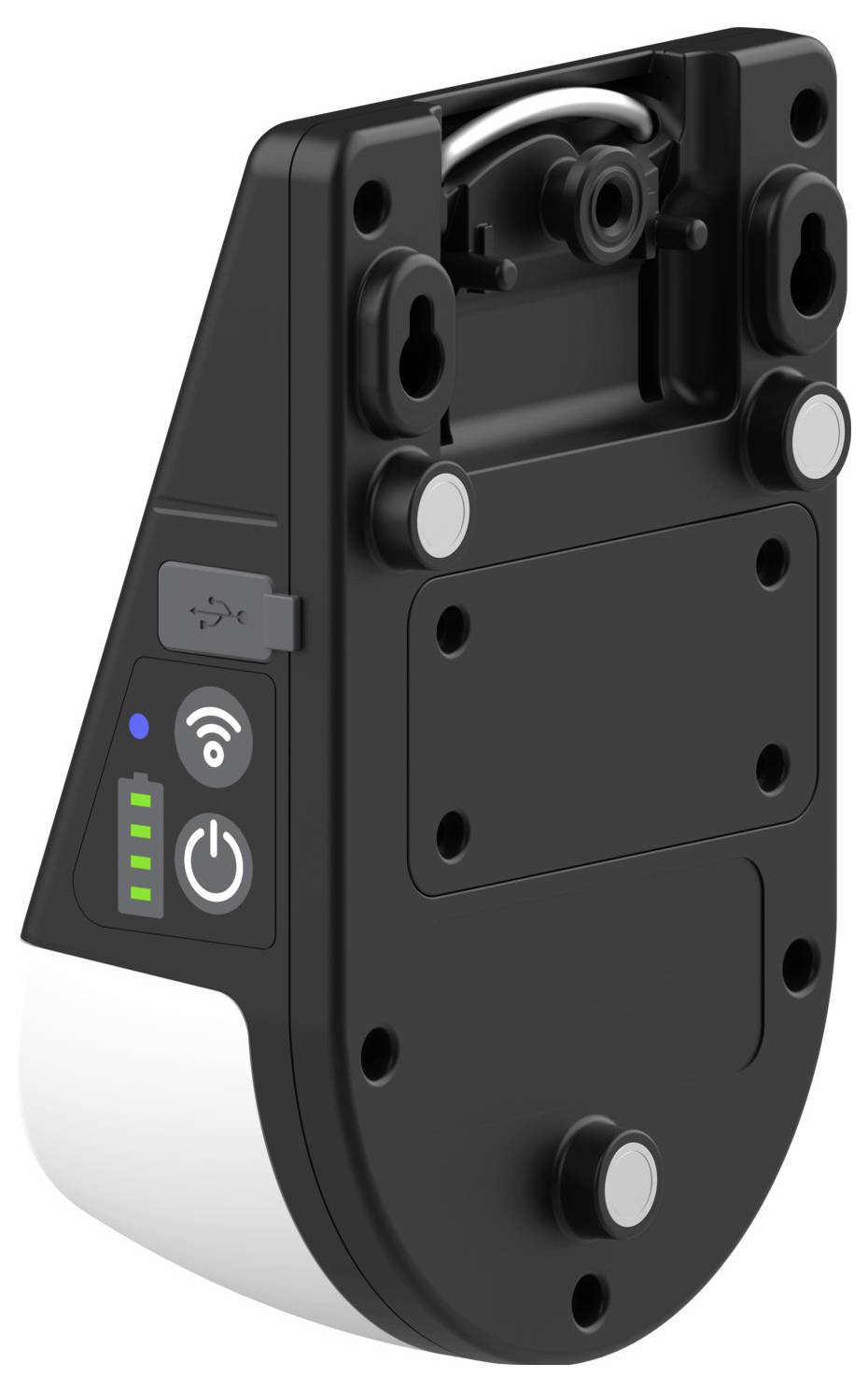 Un dispositivo elettronico nero con fori di montaggio e spie indicatrici per USB, Wi-Fi e alimentazione, probabilmente un sensore o una fotocamera da montare a parete.