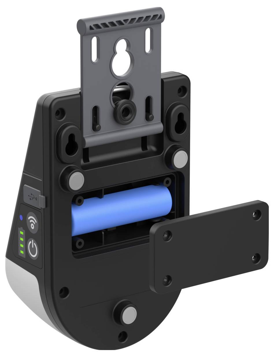 'Dispositivo alimentato a batteria con alloggiamento aperto, che rivela una batteria blu all'interno. Presenta un indicatore LED sul lato, che mostra i livelli di potenza.'