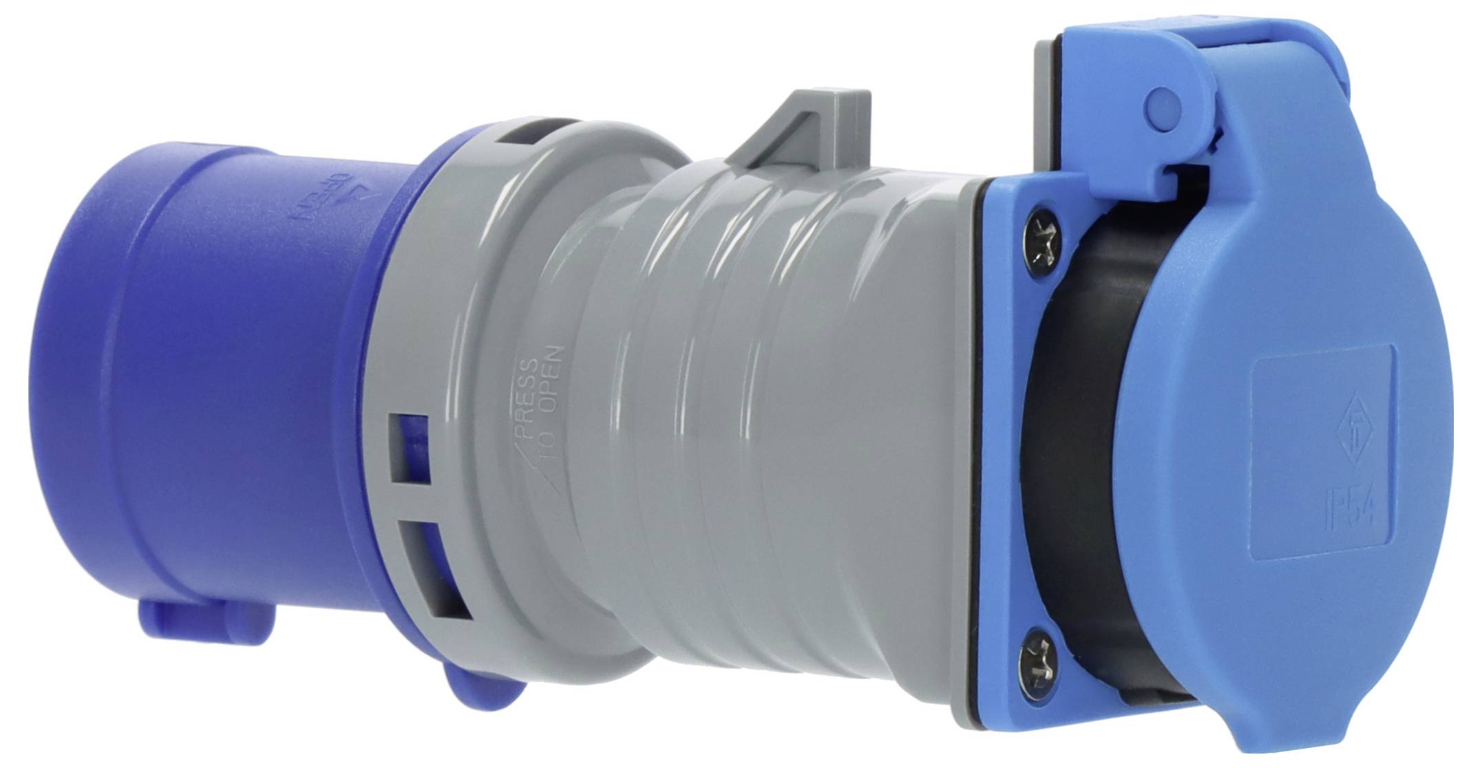 Spina di connettore elettrico industriale blu e grigia con copriprotettivo, mostrata su sfondo bianco.