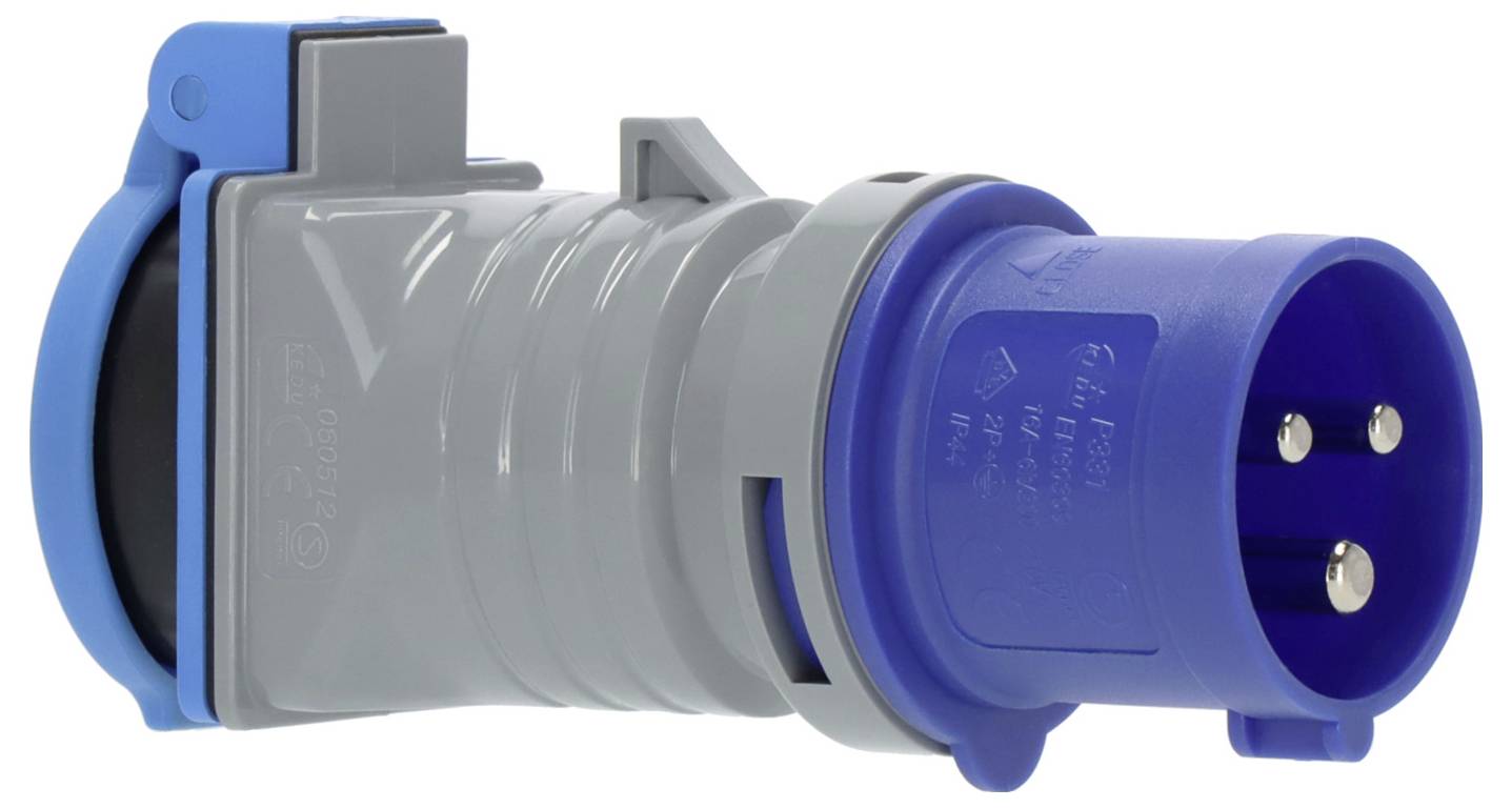 Connettore a spina elettrica industriale blu e grigio con tre contatti metallici, mostrato su sfondo bianco.