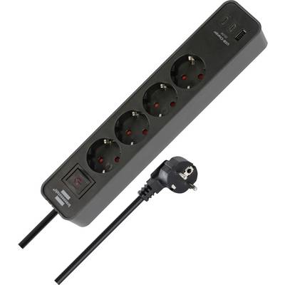 Ciabatta nera con cinque prese, due porte USB, interruttore di alimentazione e spina UE integrata su sfondo bianco.