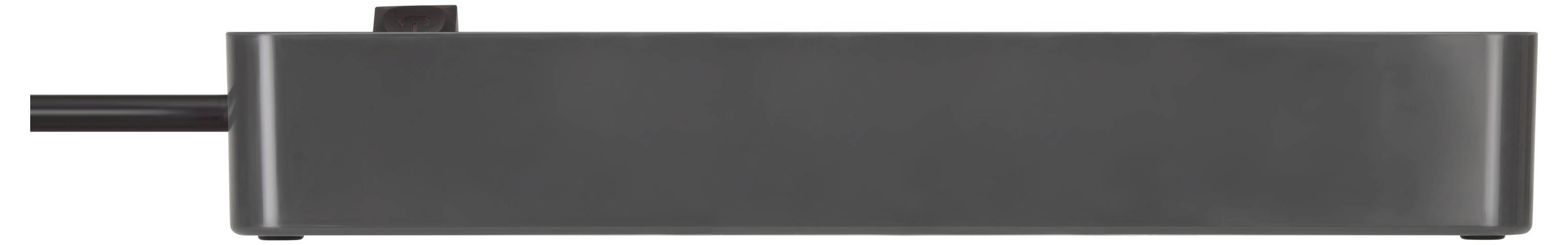 Un lungo dispositivo rettangolare grigio scuro con un cavo nero che si estende dal lato sinistro.