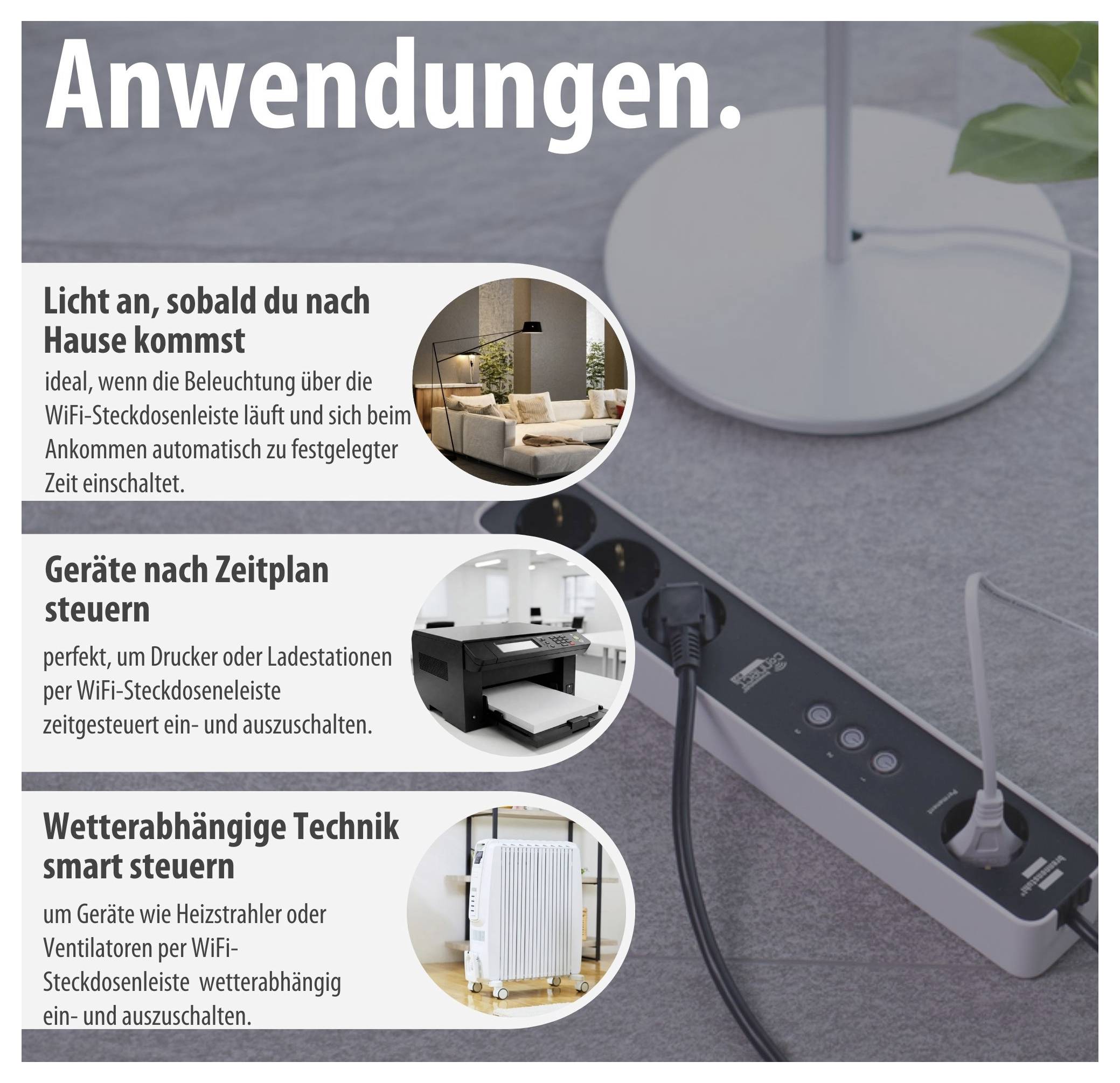 Infografica "Applicazioni" di una ciabatta WiFi: accendere automaticamente le luci, controllare i dispositivi secondo una programmazione e attivare la tecnologia in modo intelligente in base alle condizioni meteorologiche.