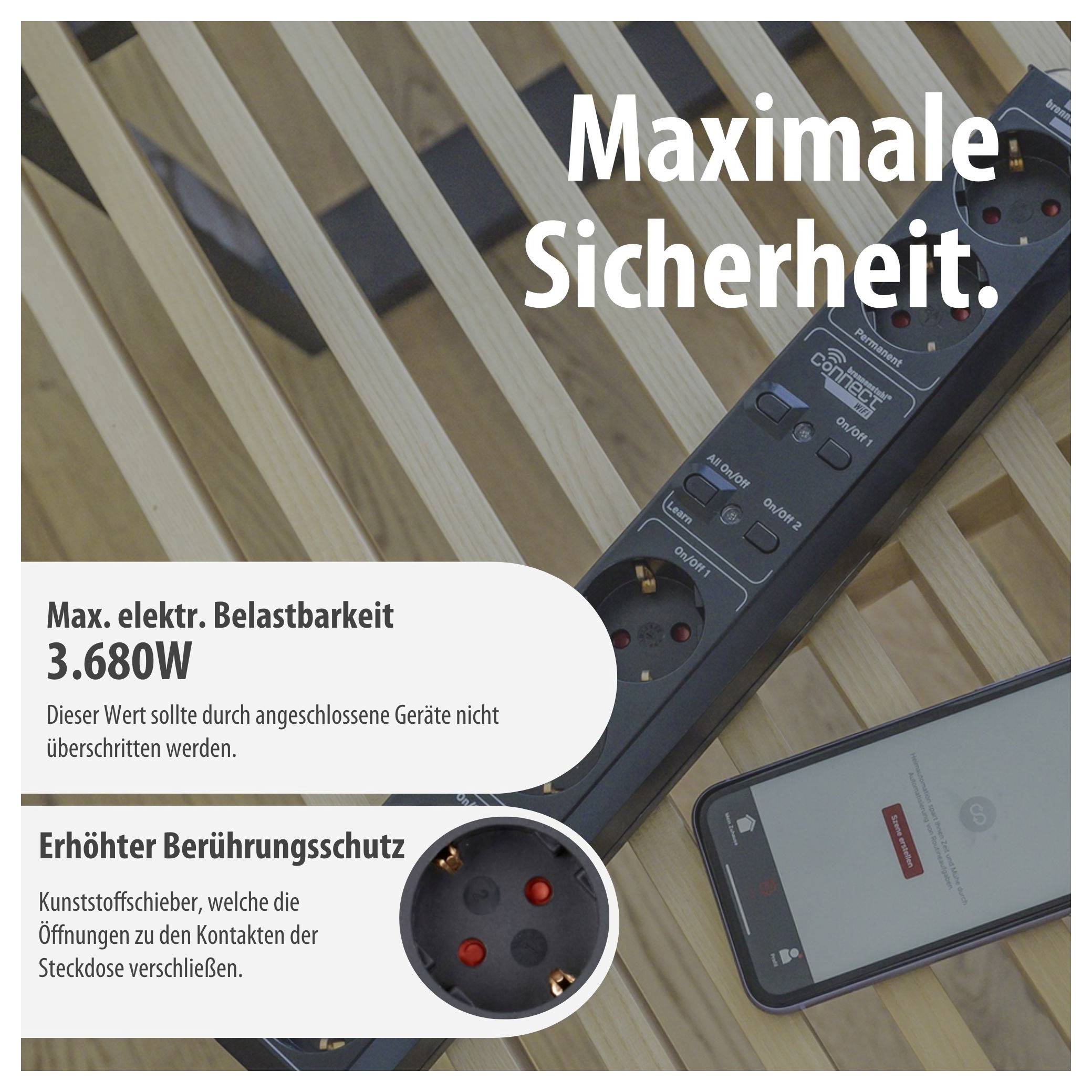 Grafica pubblicitaria di una ciabatta elettrica con smartphone: 'Massima sicurezza', capacità elettrica massima 3.680W e protezione aumentata contro i contatti.