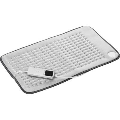 Un riscaldatore rettangolare con texture grigia dotato di un controller collegato, con schermo digitale e pulsanti per la regolazione della temperatura.