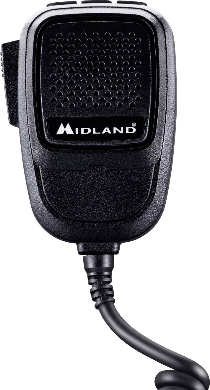 Un microfono portatile Midland nero con griglia dell'altoparlante e logo, collegato a un cavo arricciato, su uno sfondo bianco.