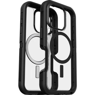 Due custodie per telefono nere con retro trasparente, caratterizzate da un design circolare per la compatibilità MagSafe, progettate per durabilità e protezione.