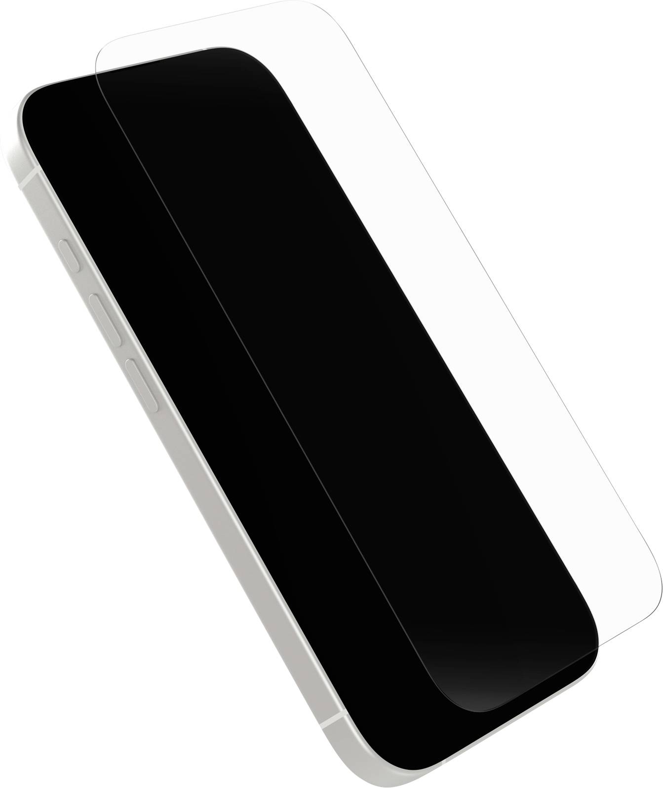 'Smartphone inclinato con una pellicola protettiva dello schermo parzialmente applicata, che mostra i pulsanti laterali del telefono e riflette la luce.'
