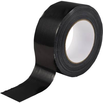 Un rotolo di nastro adesivo nero con una striscia allentata che si estende verso l'esterno su uno sfondo bianco.