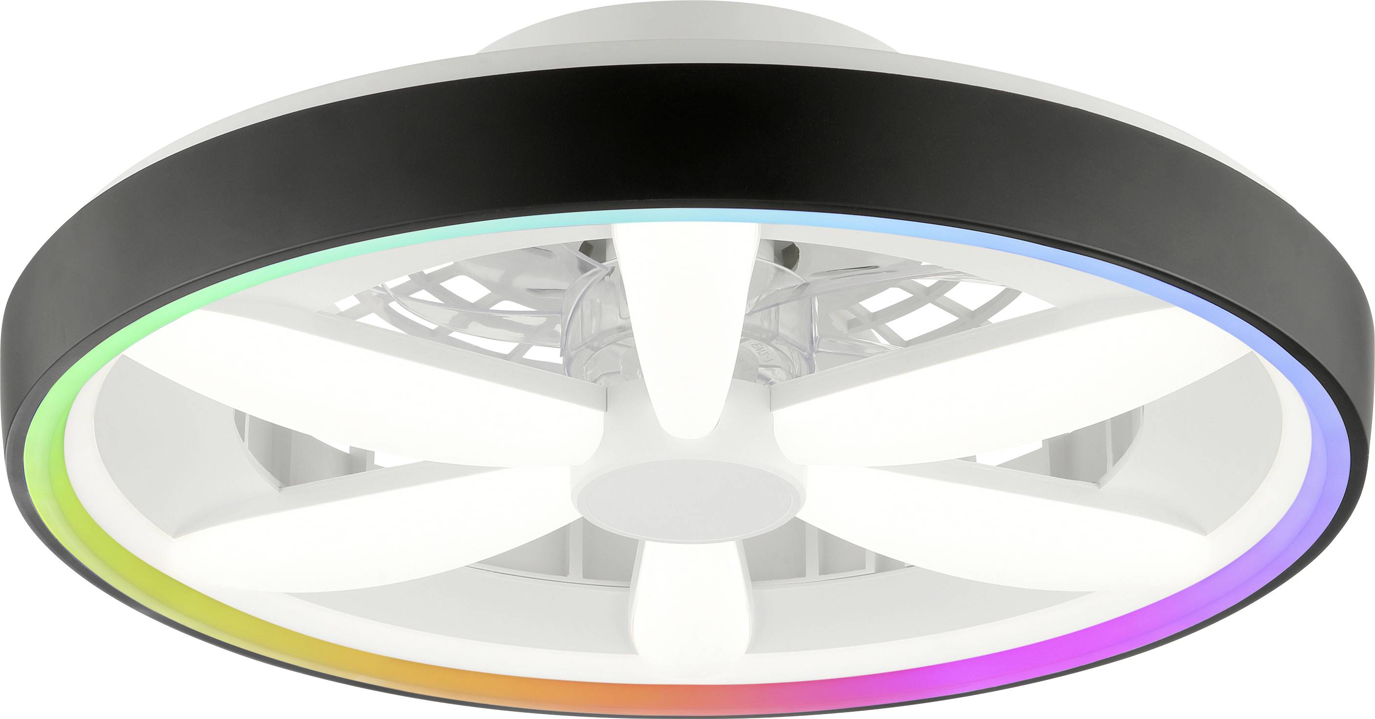 Ventilatore da soffitto con design moderno ad anello nero e luci LED multicolori. Le pale del ventilatore sono bianche e curve.