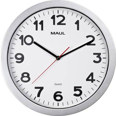 Un orologio da parete rotondo che mostra l'ora alle 10:09, con lancette delle ore e dei minuti nere, una lancetta dei secondi rossa e numeri neri in grassetto.