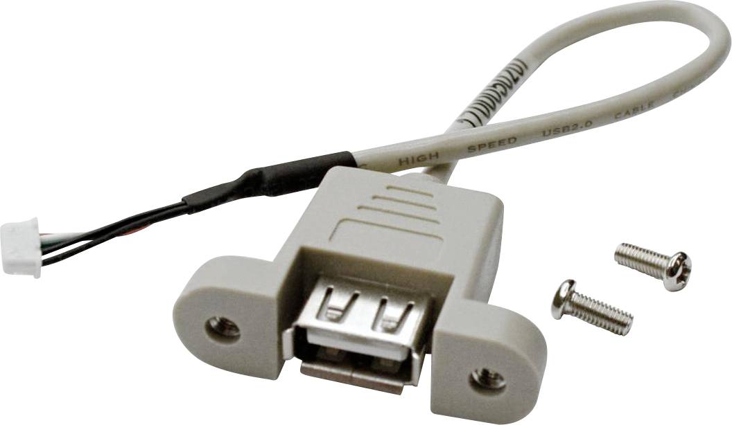 Un adattatore presa a muro USB con cavo collegato e due viti, progettato per montare connessioni USB su una parete o pannello.