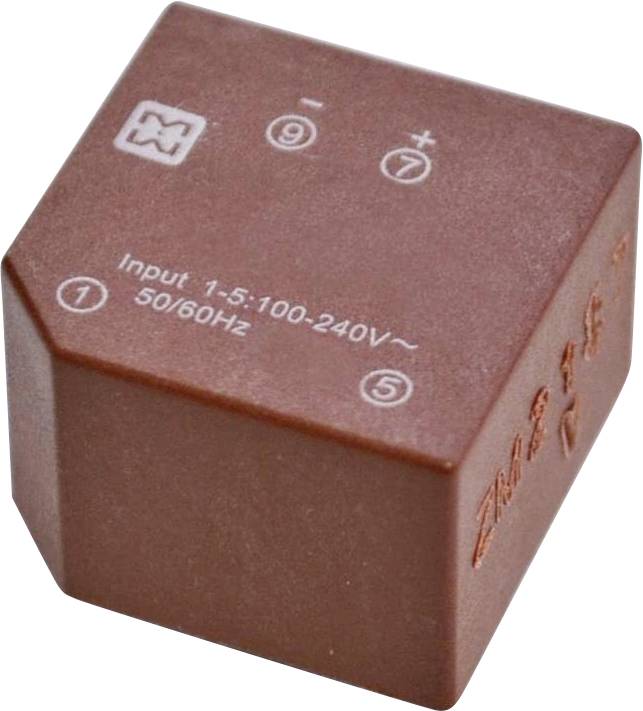 Un componente elettrico marrone con simboli, numeri e testo che recita "Input 1-5:100-240V~ 50/60Hz".