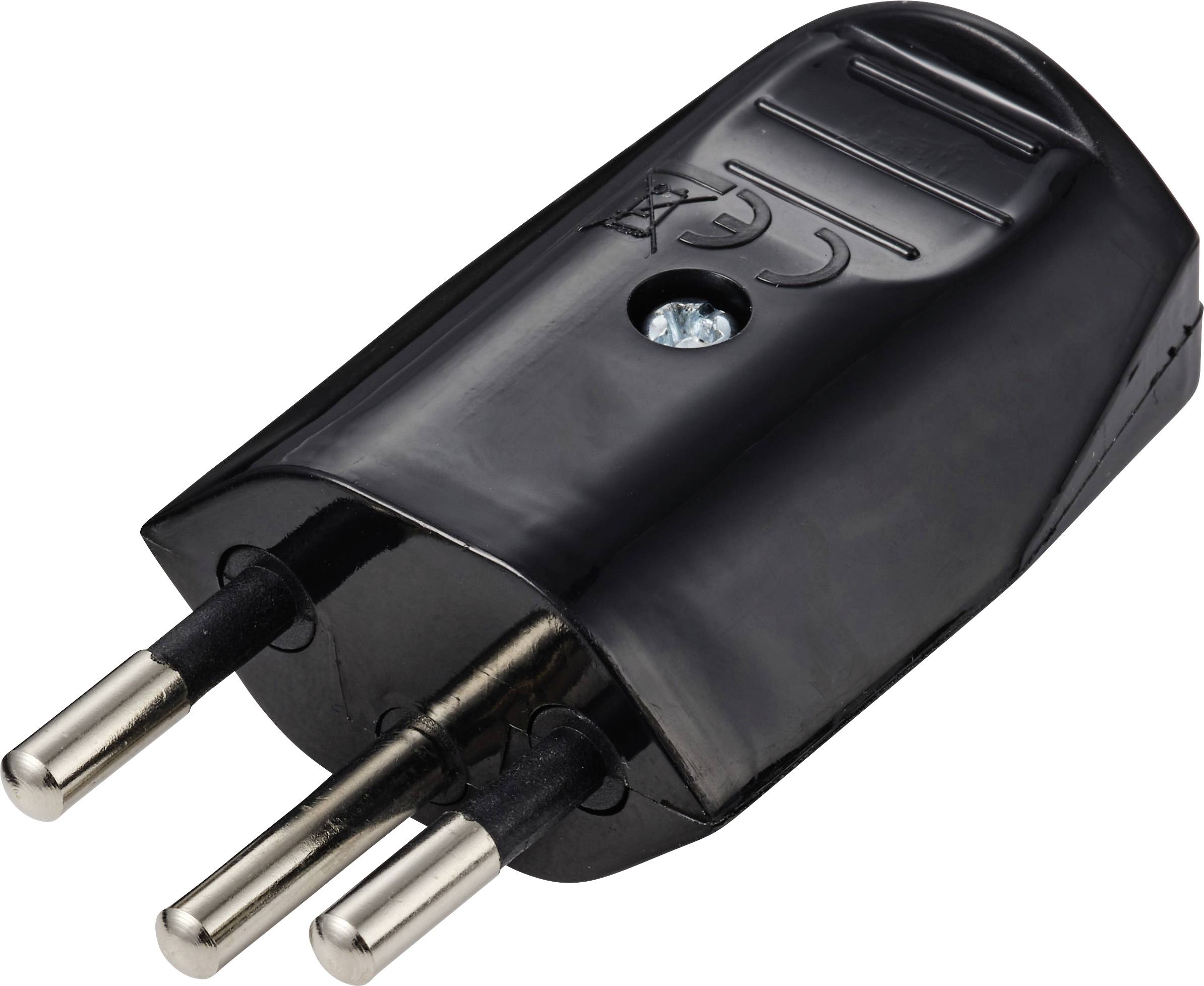 Adattatore per presa elettrica a tre pin nero su sfondo bianco