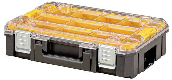 Un organizer per attrezzi in plastica nera e arancione con coperchio trasparente, dotato di più piccoli scomparti per ordinare e conservare oggetti.