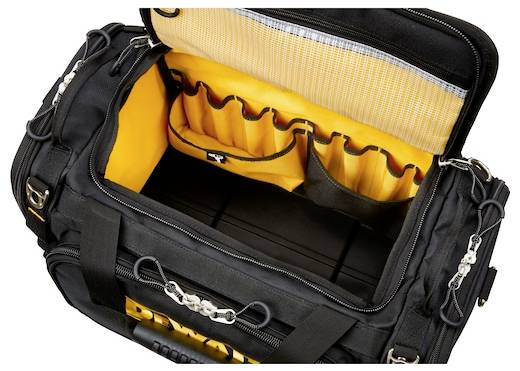 Una borsa portautensili nera e gialla aperta che mostra varie tasche e scomparti, progettata per organizzare gli attrezzi in modo efficiente.