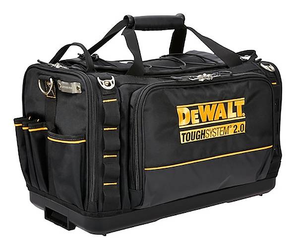 Una borsa per attrezzi DeWalt ToughSystem 2.0 nera con più scomparti, che mostra durabilità e ampio spazio di archiviazione per gli attrezzi.