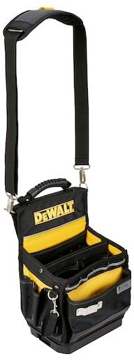 Una borsa per attrezzi nera e gialla con tracolla regolabile e più scomparti. Il logo "DEWALT" è visibile sulla parte anteriore.