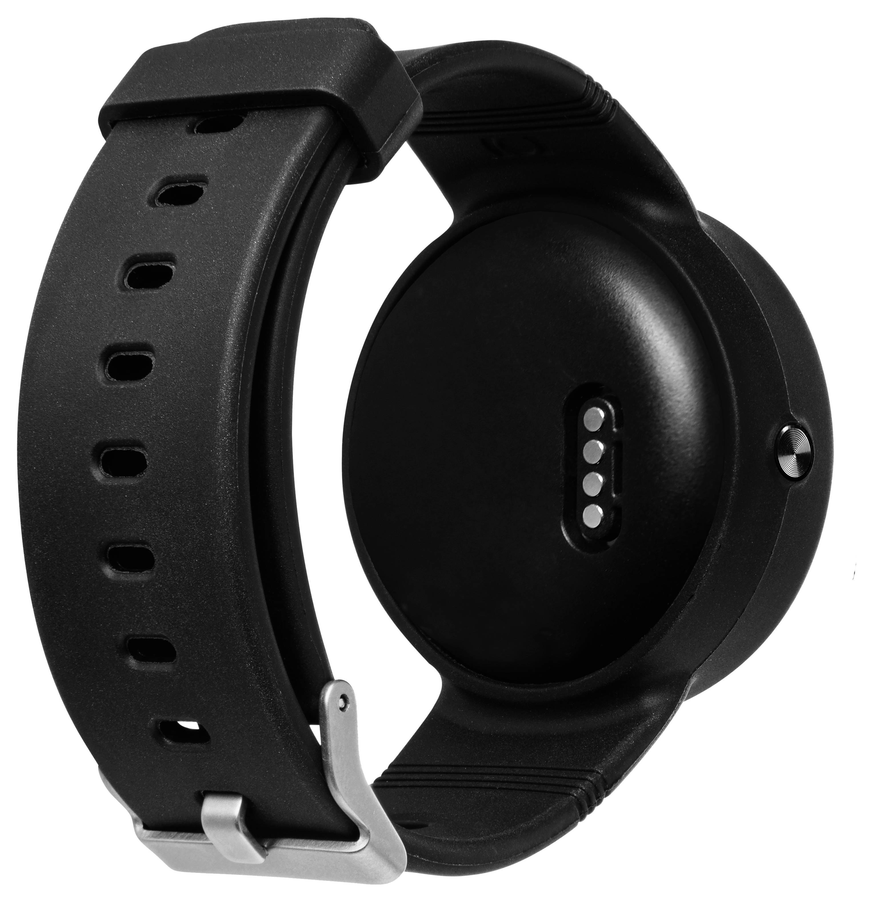 Un smartwatch nero visto da dietro, che mostra il suo cinturino elegante e i sensori.