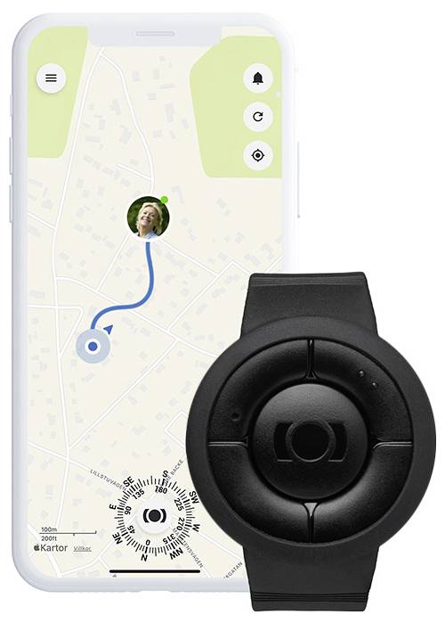 Uno smartphone mostra una mappa con un percorso di navigazione e un'icona utente. Un dispositivo indossabile nero è mostrato davanti, suggerendo l'uso del GPS.