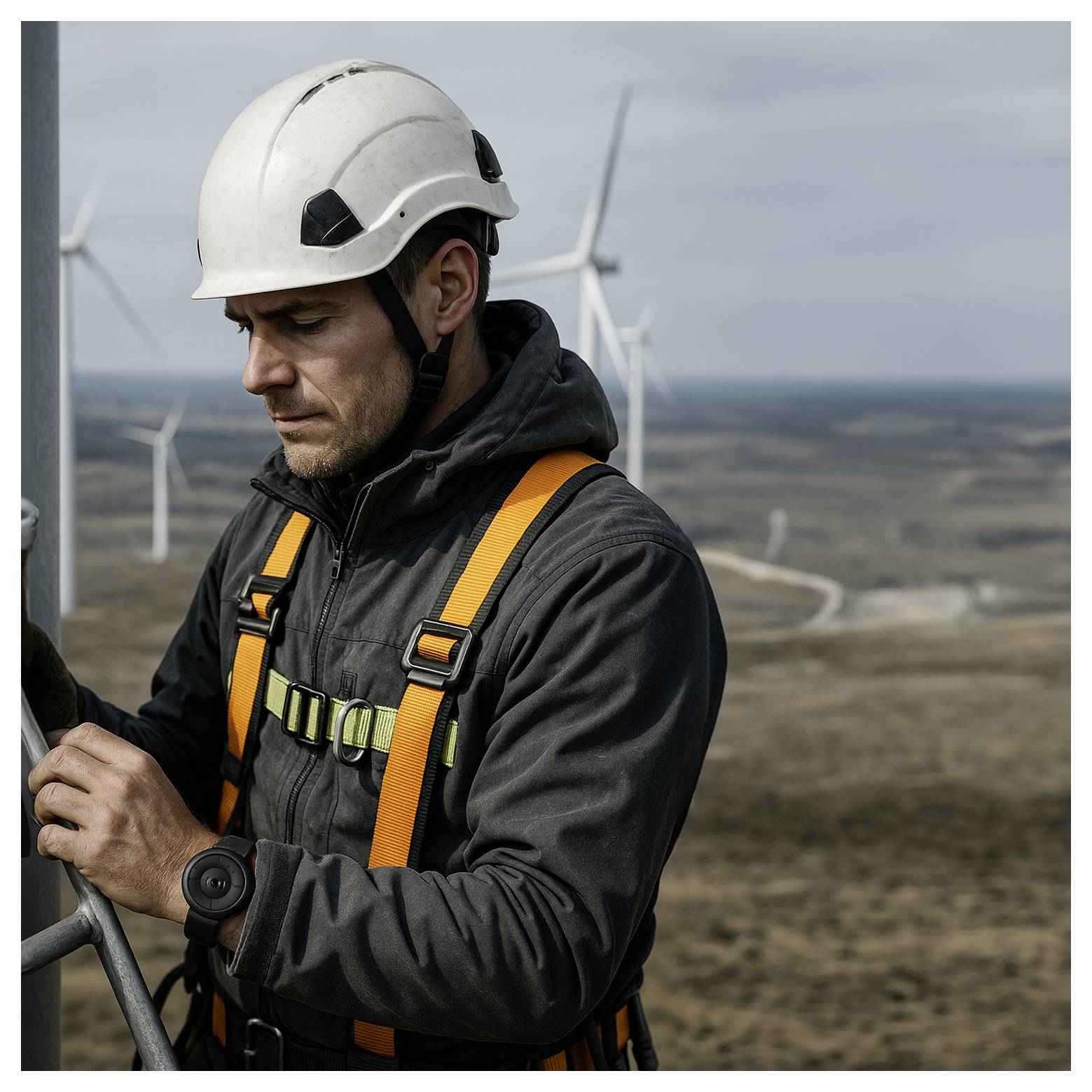 Un operaio che indossa un casco e dispositivi di protezione individuale sta su un parco eolico, ispezionando l'attrezzatura con turbine eoliche visibili sullo sfondo.