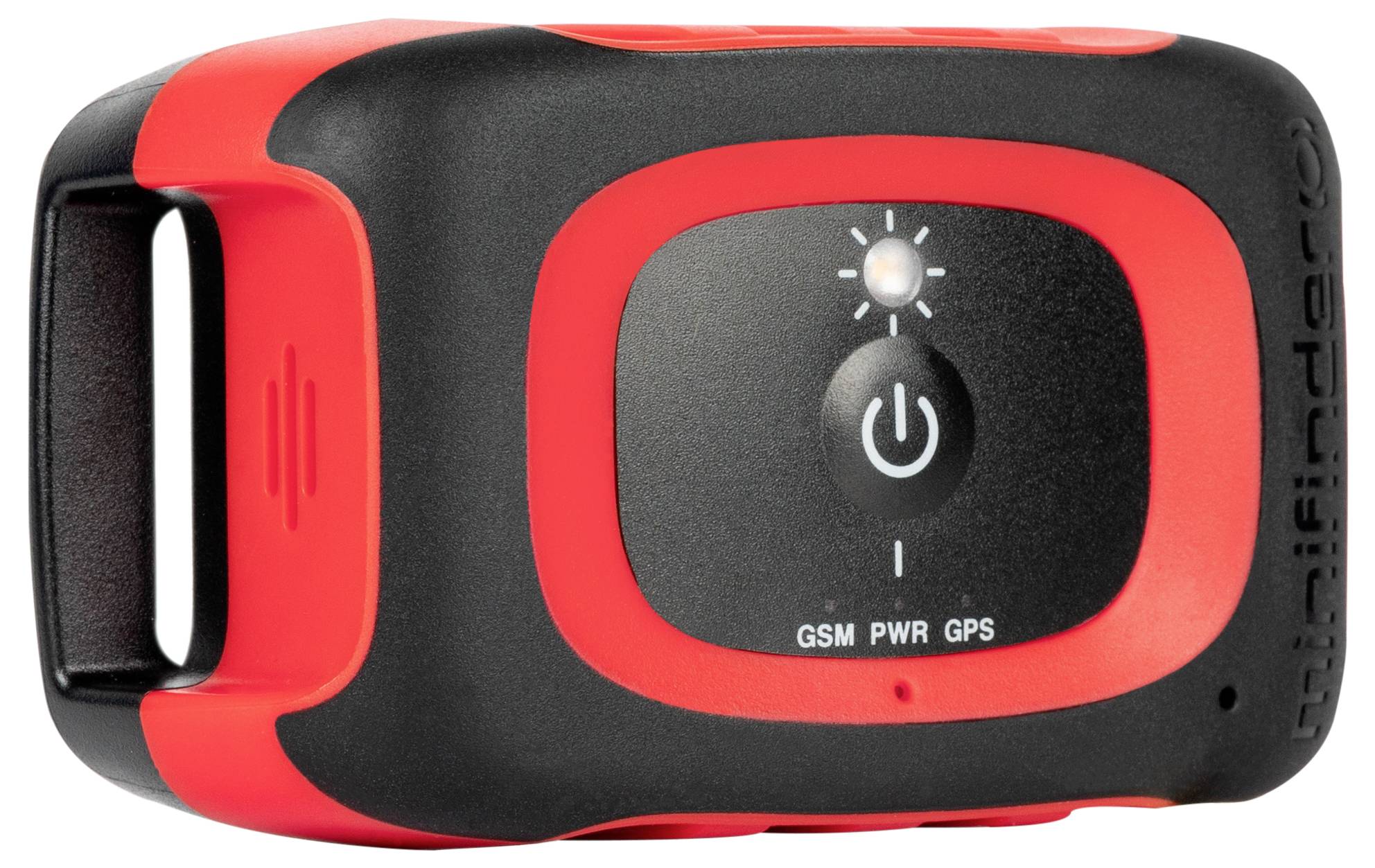 Un piccolo localizzatore GPS portatile con un pulsante di accensione e indicatori LED per lo stato di GSM, alimentazione e GPS, racchiuso in una custodia rossa e nera.