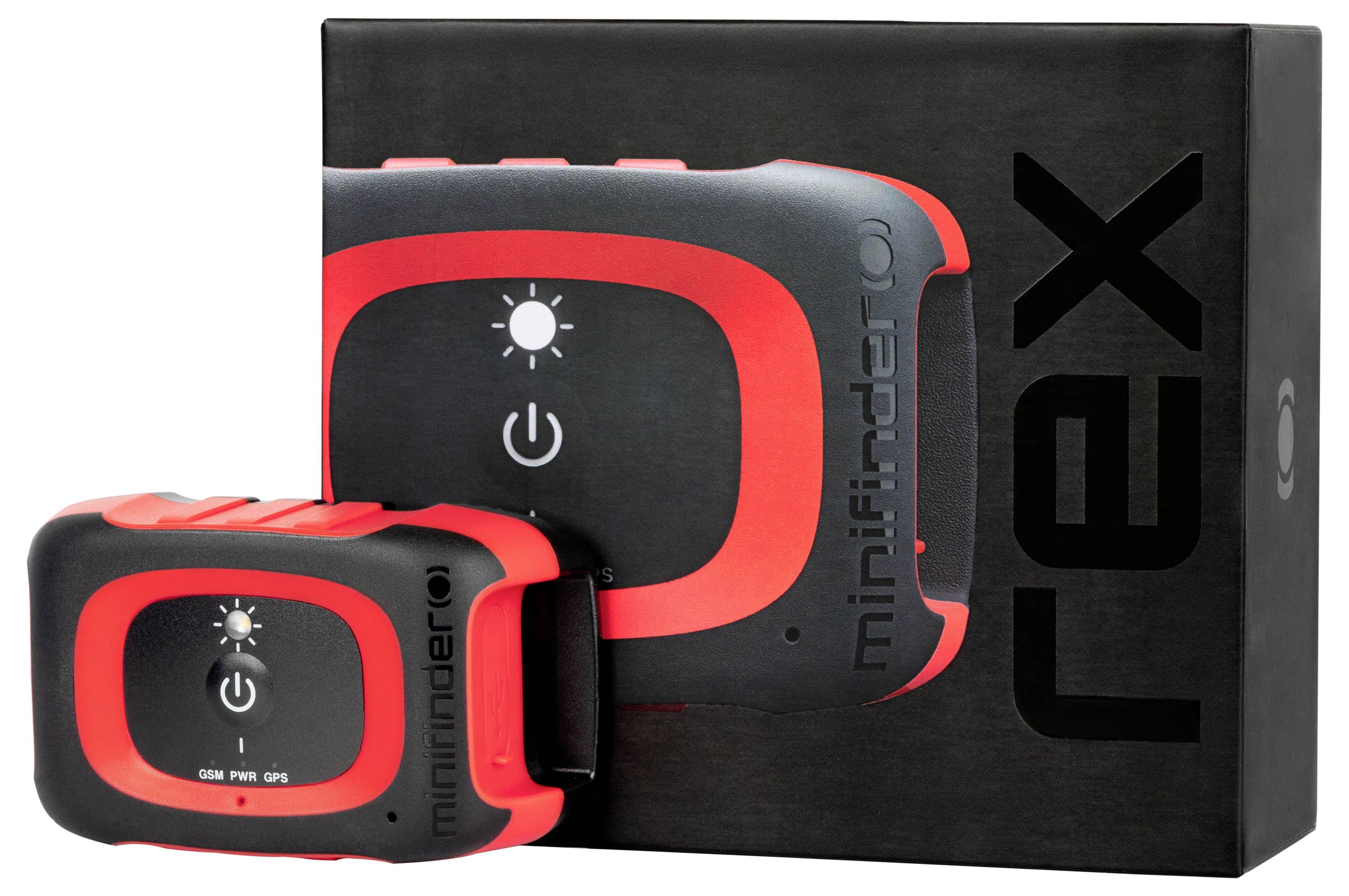 Dispositivo di tracciamento 'MiniFinder Rex' con design nero e rosso accanto alla sua scatola di imballaggio personalizzata.