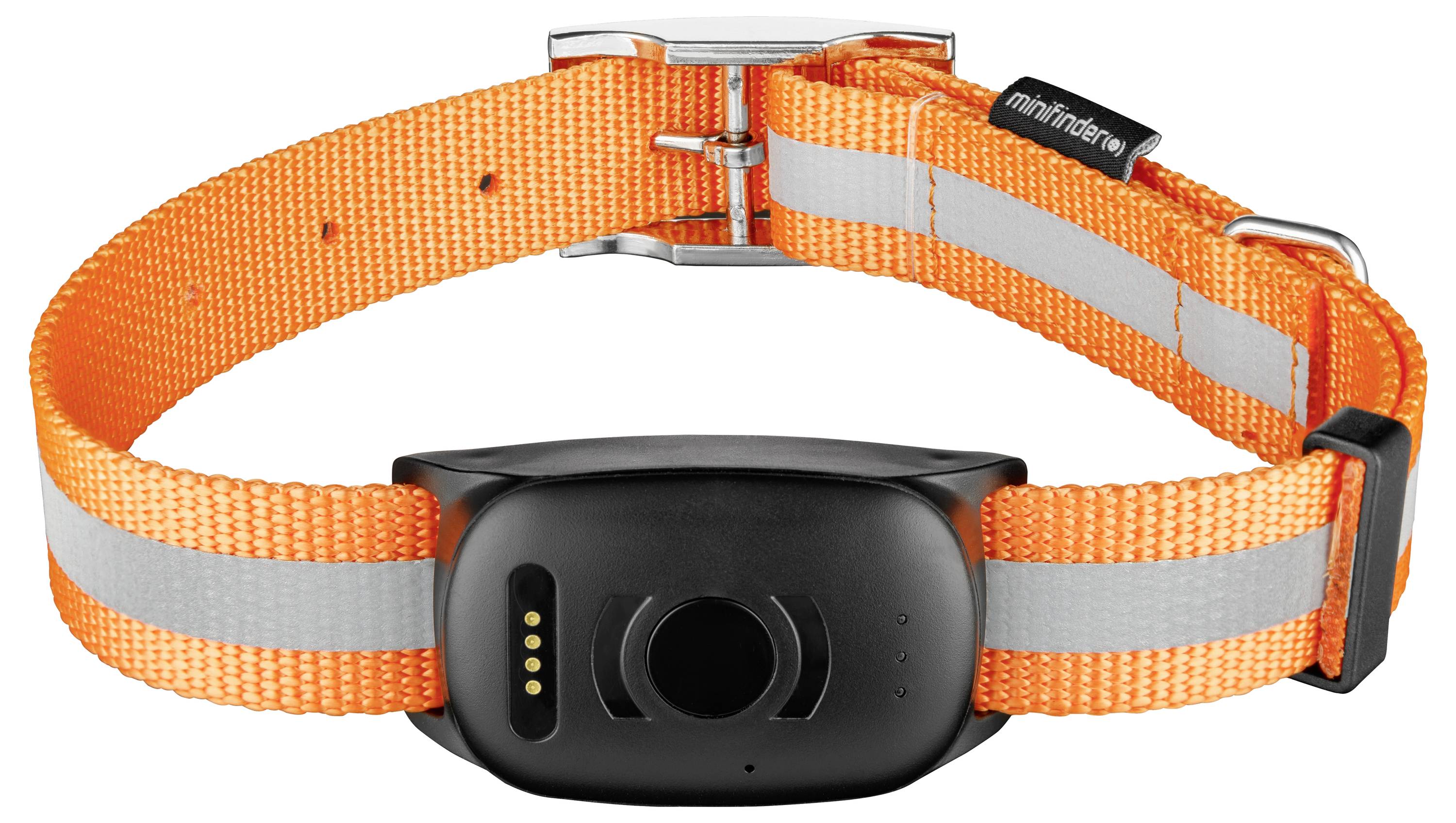 Un collare riflettente arancione per cani con un dispositivo elettronico nero collegato, dotato di chiusura a fibbia e cinghia regolabile per la taglia.