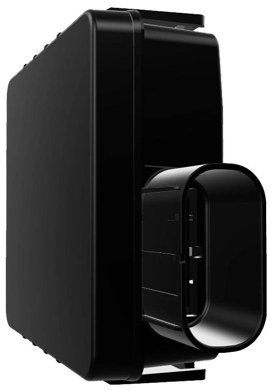 Un dispositivo elettronico rettangolare nero con un connettore sporgente, probabilmente utilizzato per applicazioni automobilistiche o industriali.