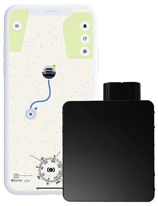 Smartphone che visualizza un'app di navigazione con un percorso contrassegnato su una mappa accanto a un dispositivo GPS rettangolare nero.