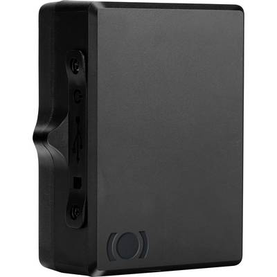 Un elegante disco rigido esterno nero con una porta USB e un pulsante di accensione sul lato. Ideale per ulteriore spazio di archiviazione dati.
