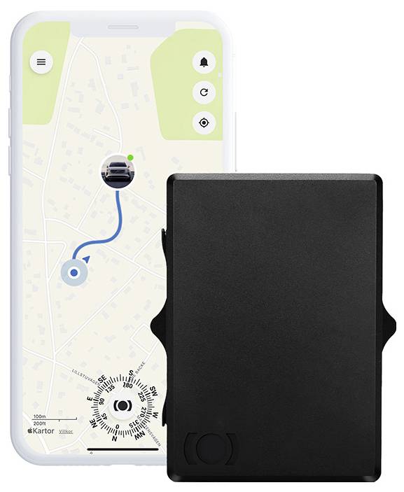 Uno smartphone che mostra una mappa con un percorso segnato in blu, accanto a un dispositivo di tracciamento rettangolare nero.