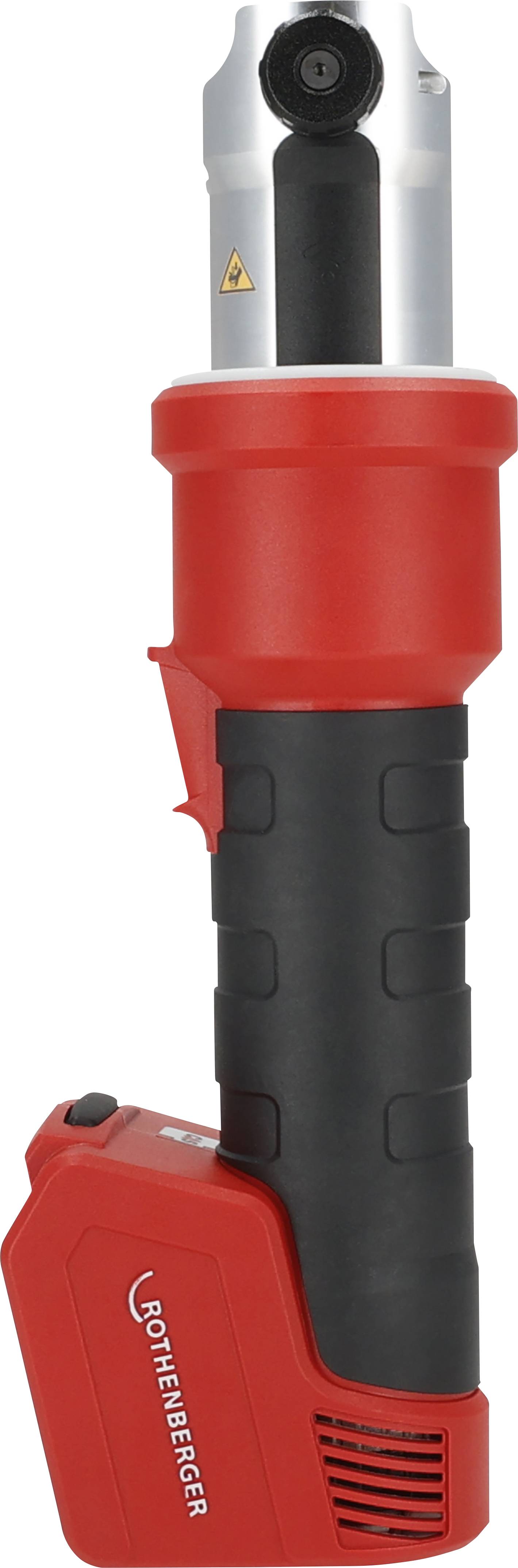 Attrezzo portatile rosso e nero con pacco batterie, progettato per uso industriale o edile.