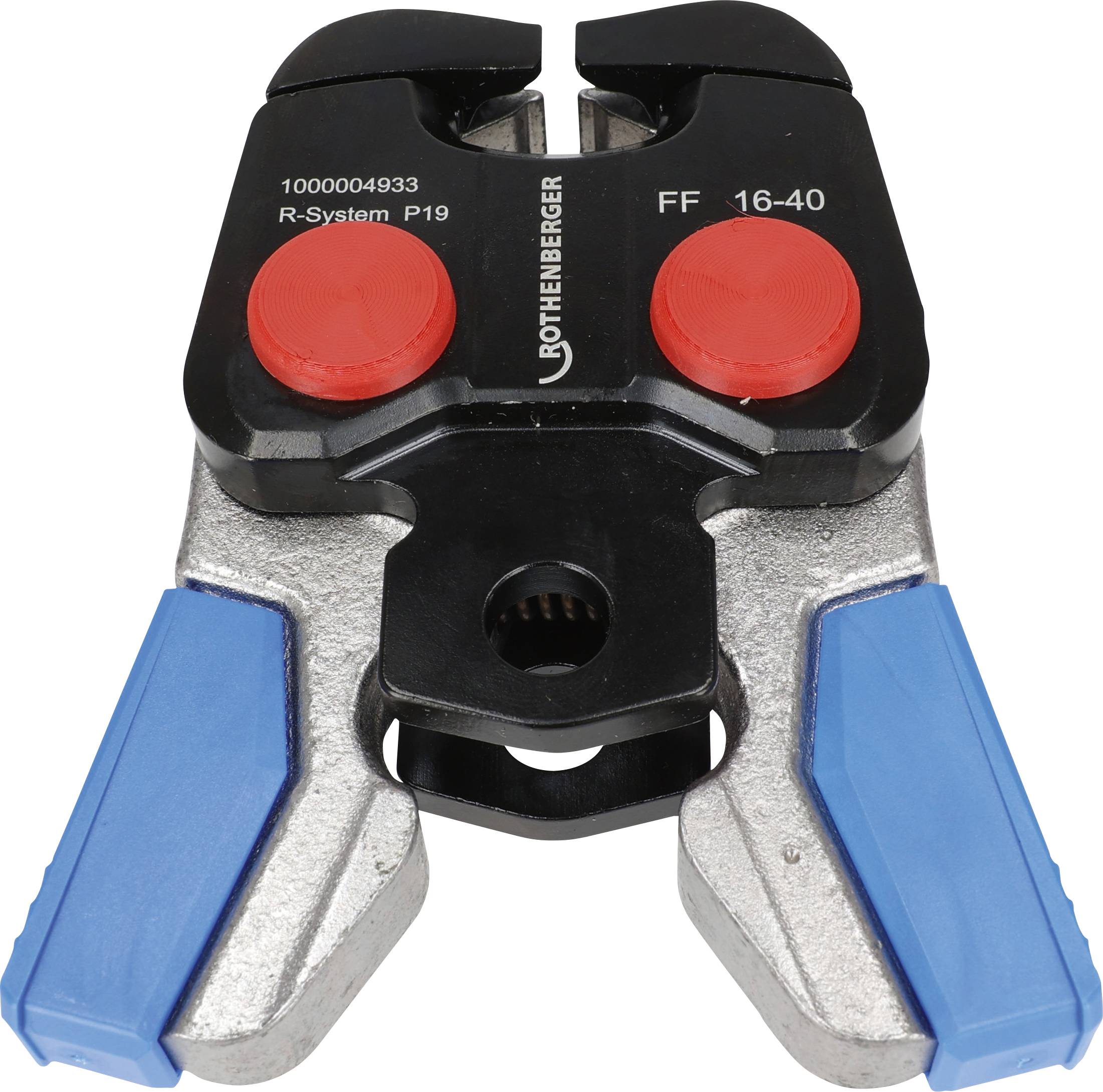 Attrezzo per la pressatura di tubi con componenti neri e blu, caratterizzato dalle marcature "R-System P19" e "FF 16-40", utilizzato per applicazioni idrauliche.