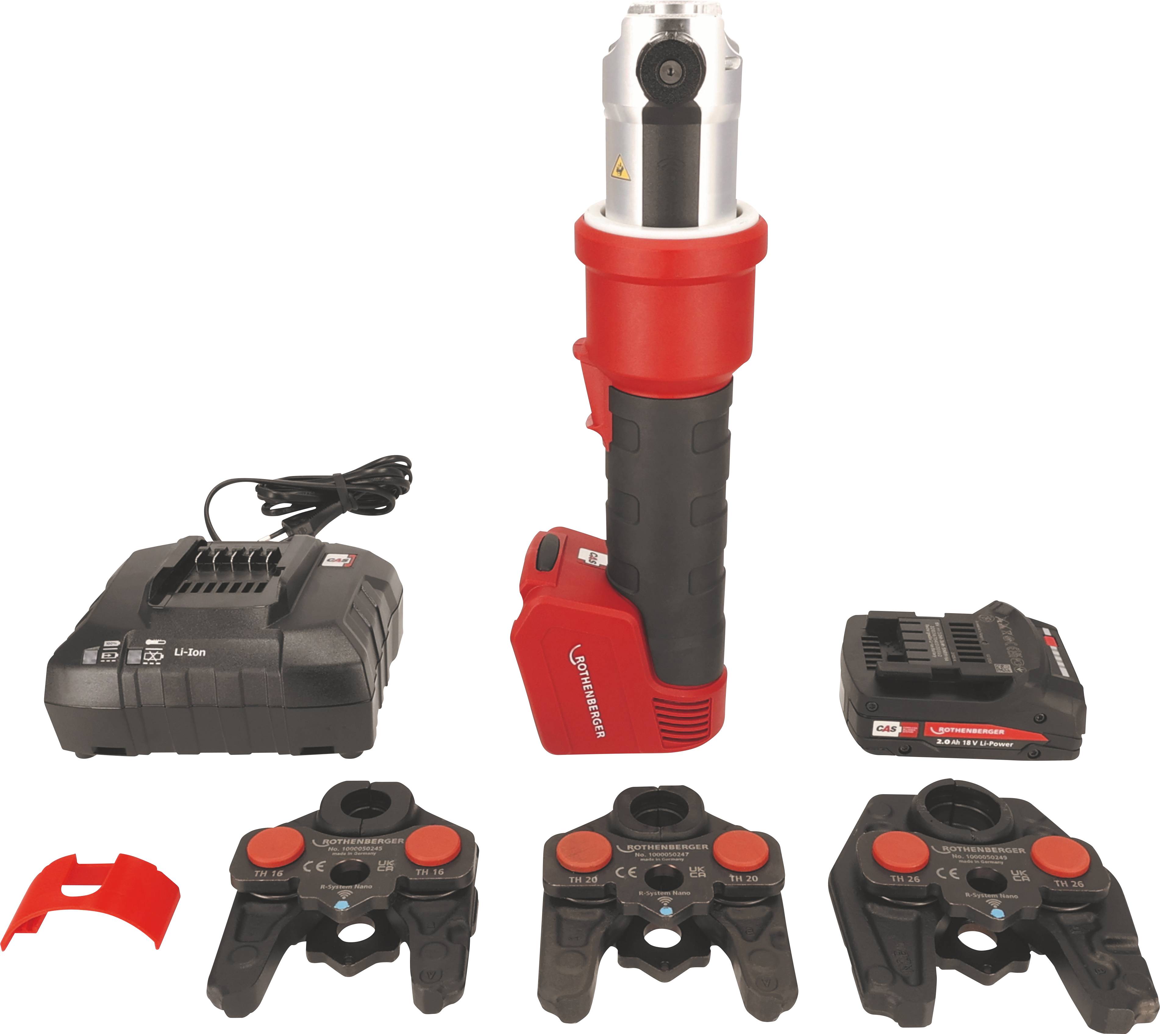 Un kit di strumento di pressione idraulica senza filo con uno strumento, tre mascelle di pressione, una batteria, un caricabatterie e una staffa rossa per compiti di idraulica o elettrici.