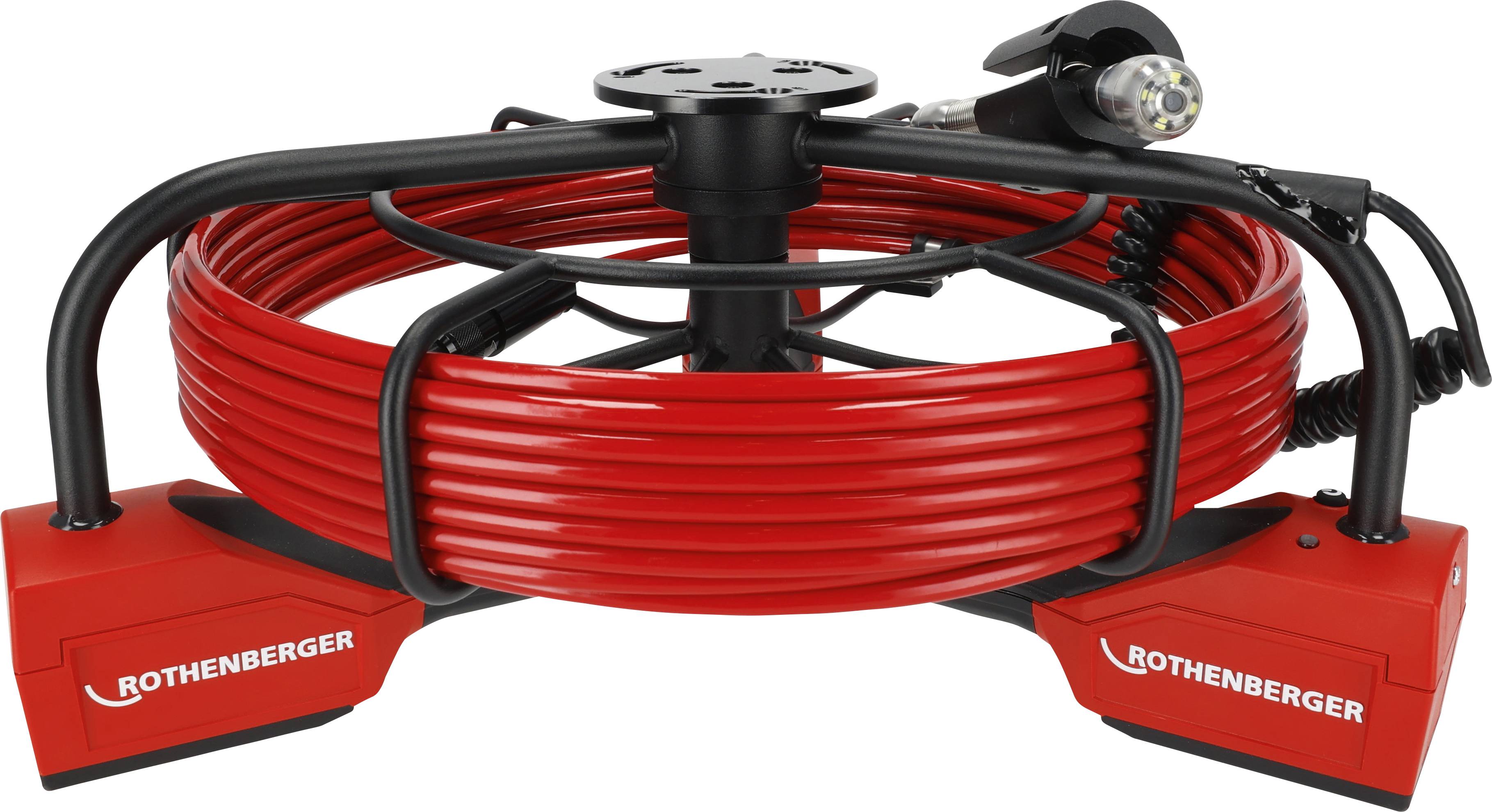 Videocamera di ispezione per tubi avvolta Red Rothenberger con lente centrale di visione e base robusta, utilizzata per l'ispezione e la diagnosi delle tubazioni.