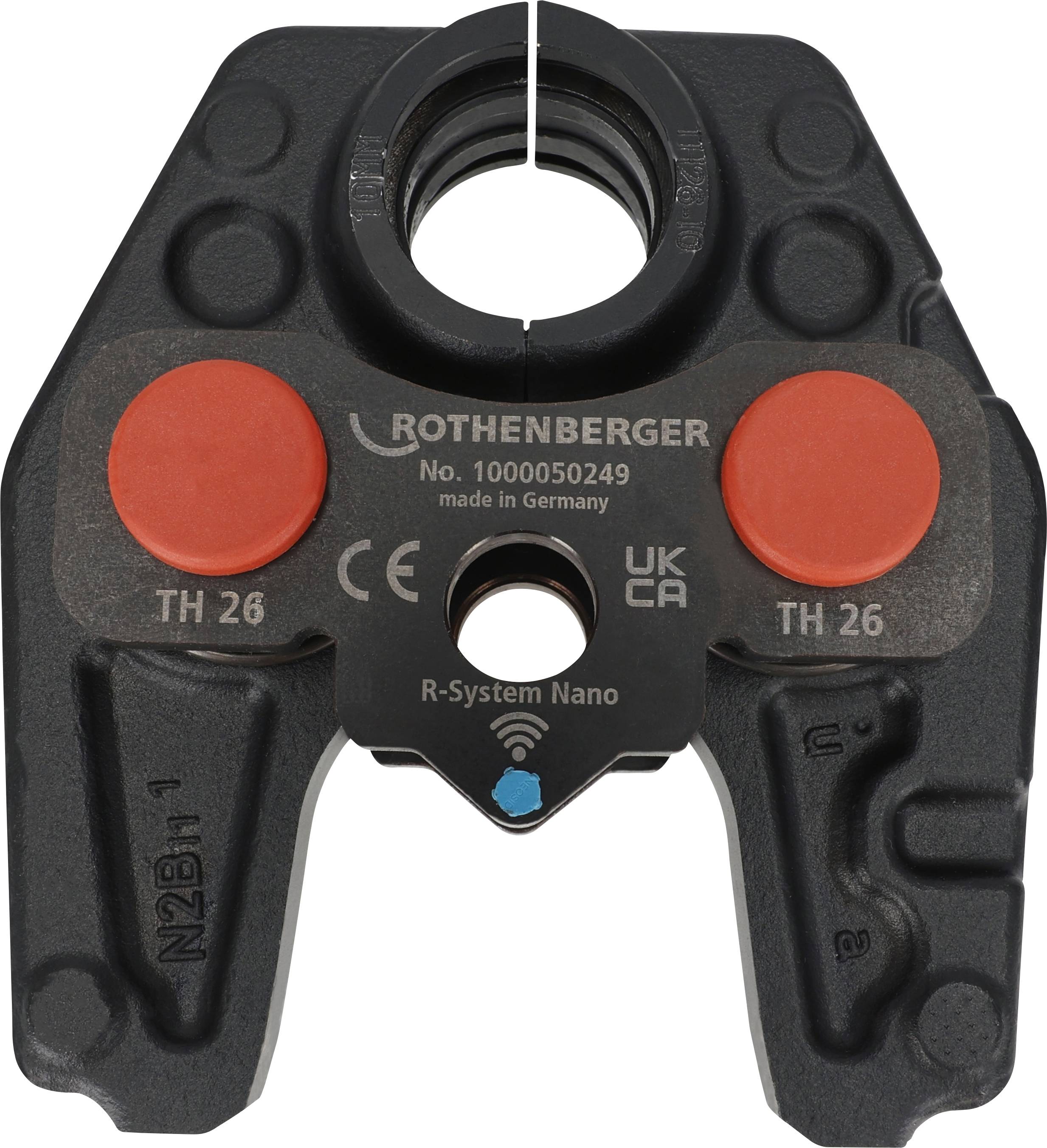 Uno strumento a morsetto per tubi etichettato 'ROTHENBERGER', modello 'TH 26', con elementi circolari rossi, per applicazioni idrauliche.