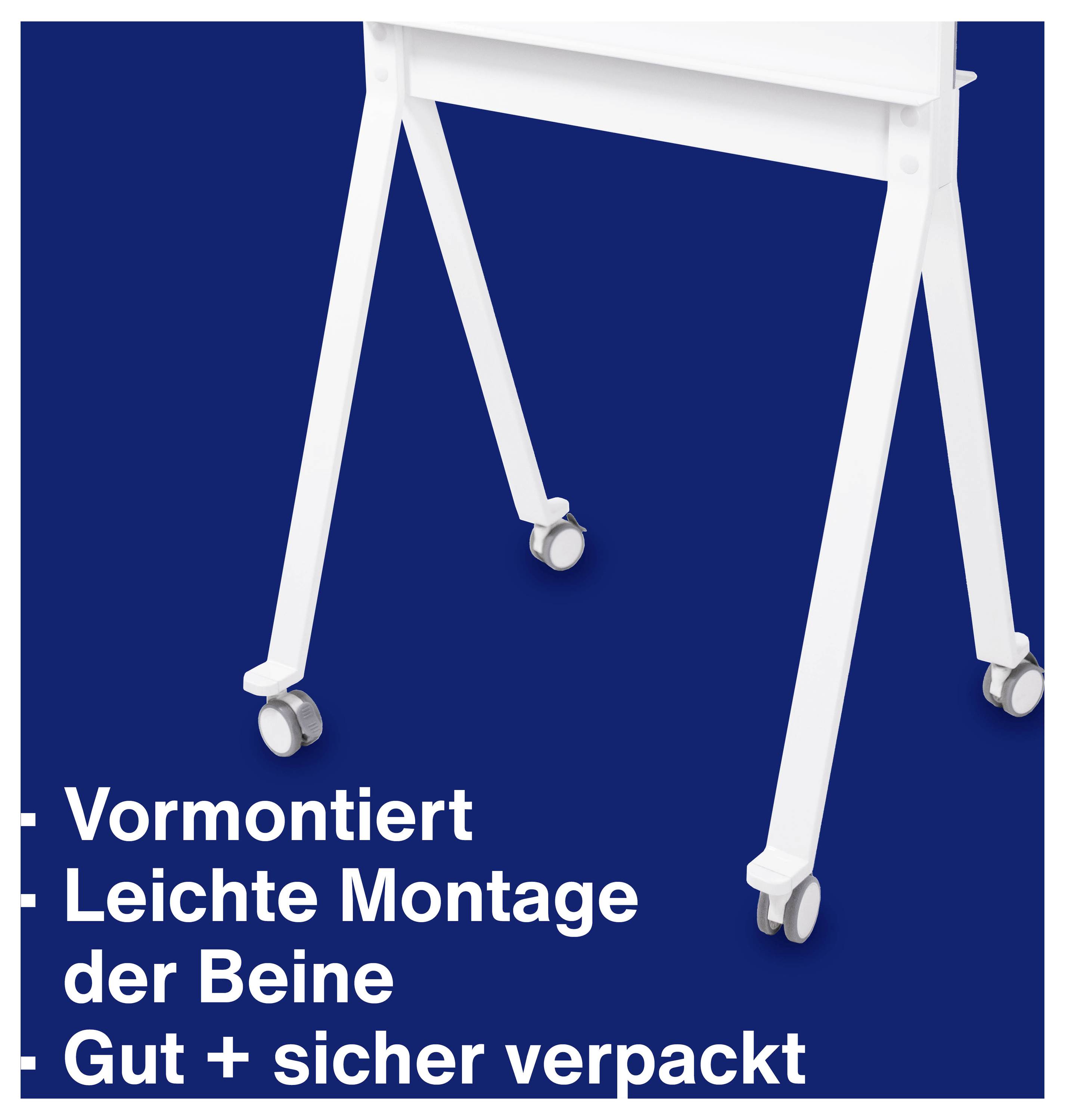 Gambe da tavolo bianche con rotelle su sfondo blu, accompagnate da testo: 'Premontato, Montaggio facile delle gambe, Ben e sicuramente imballato'.