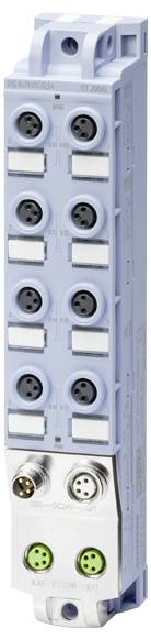 Un blocco connettore industriale rettangolare blu chiaro con molteplici porte circolari per il cablaggio, caratterizzato da connettori metallici e verdi alla base.
