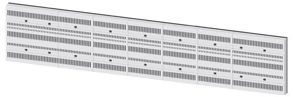 'Diagramma di un pannello murale in metallo forato con sezioni rettangolari uniformi e file simmetriche di aperture simili a prese d'aria.'