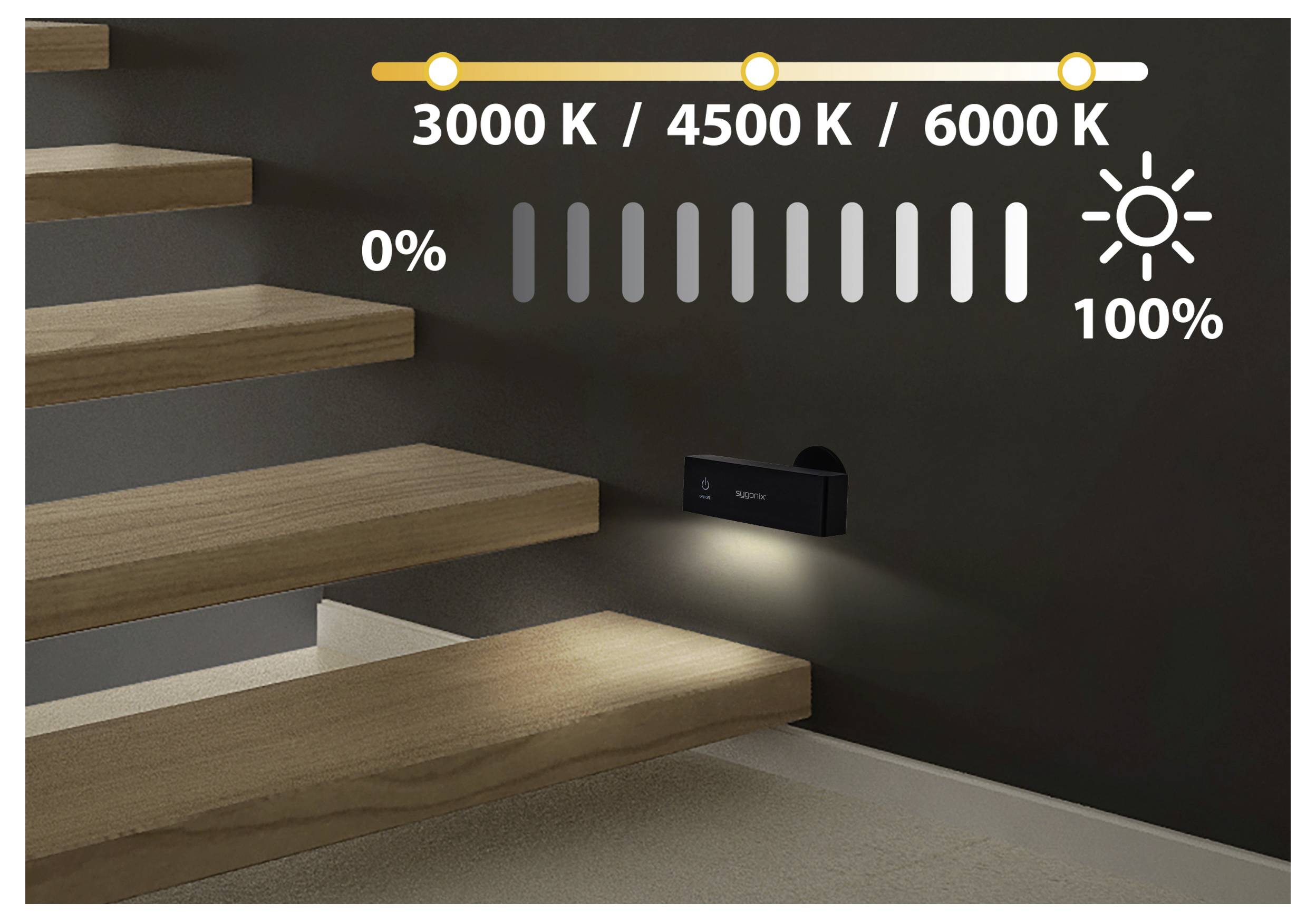 Controllo illuminazione a parete con grafica che mostra temperatura colore regolabile da 3000K a 6000K e luminosità da 0% a 100%, con scala illuminata