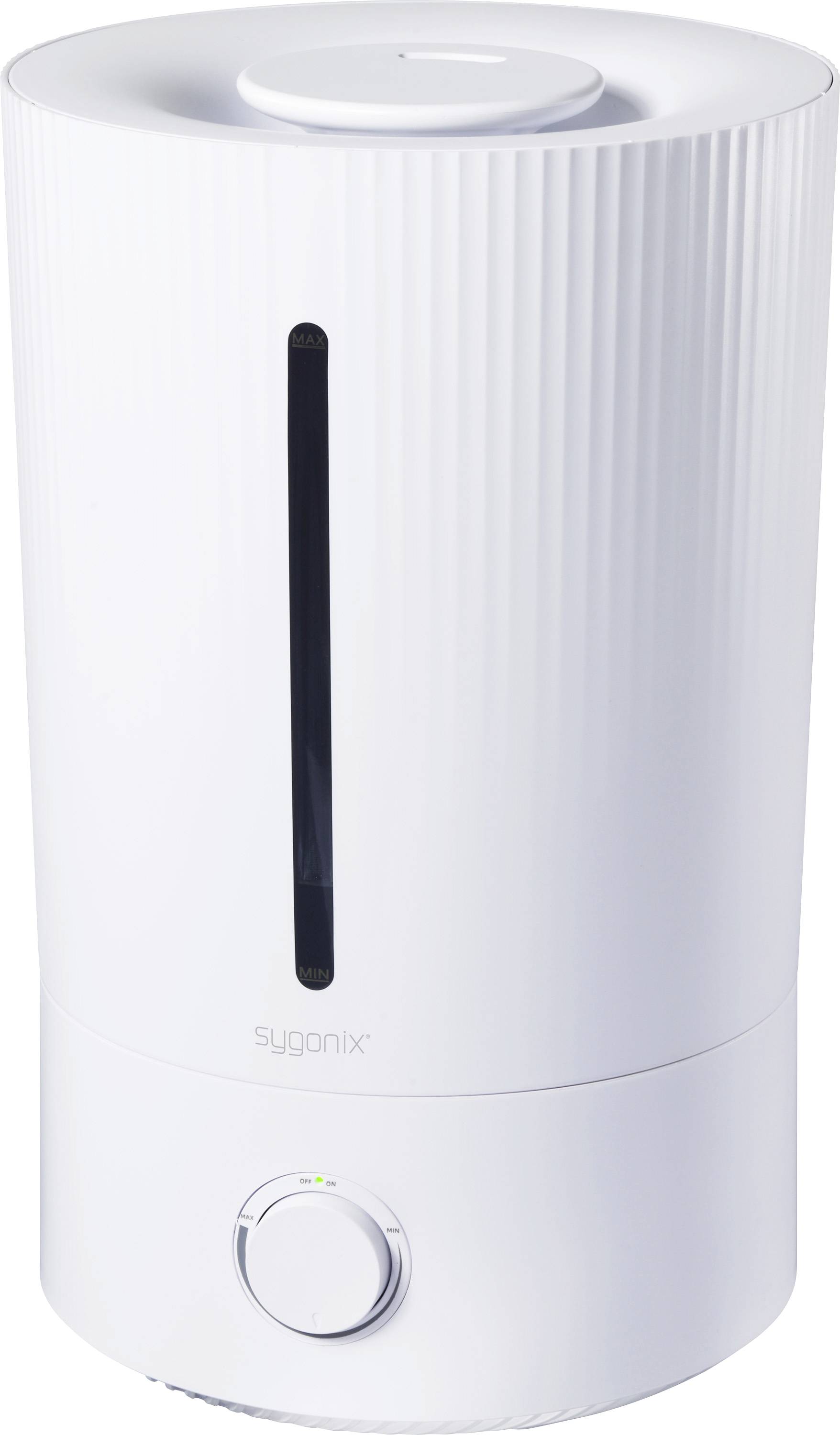 Umidificatore cilindrico Sygonix bianco con finestra di visualizzazione del livello dell'acqua verticale e quadrante di controllo frontale.