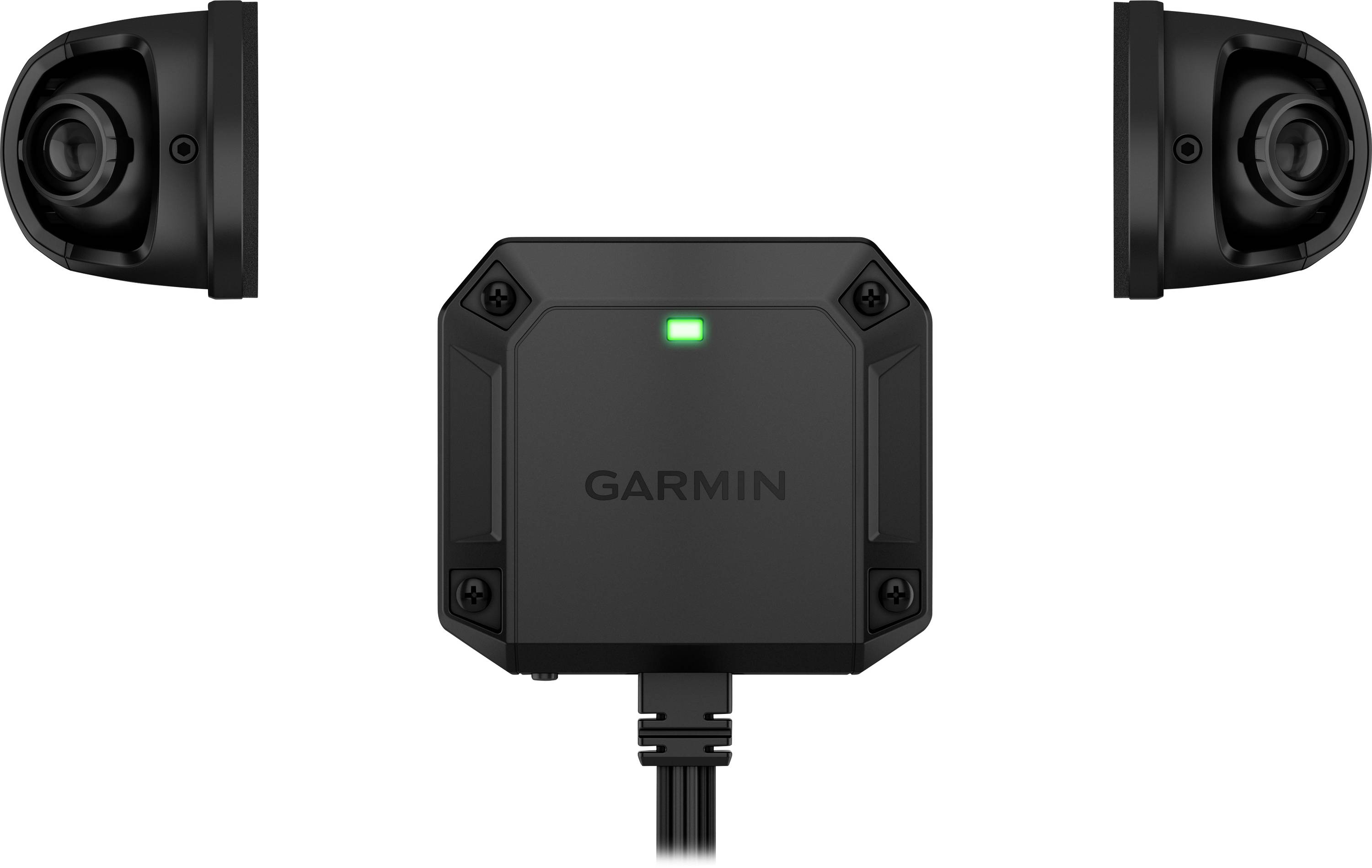 Un sistema di telecamera marina Garmin nero con unità di controllo centrale che mostra una luce verde, con fotocamere anteriore e due laterali.