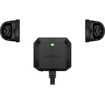 Un sistema di telecamera marina Garmin nero con unità di controllo centrale che mostra una luce verde, con fotocamere anteriore e due laterali.