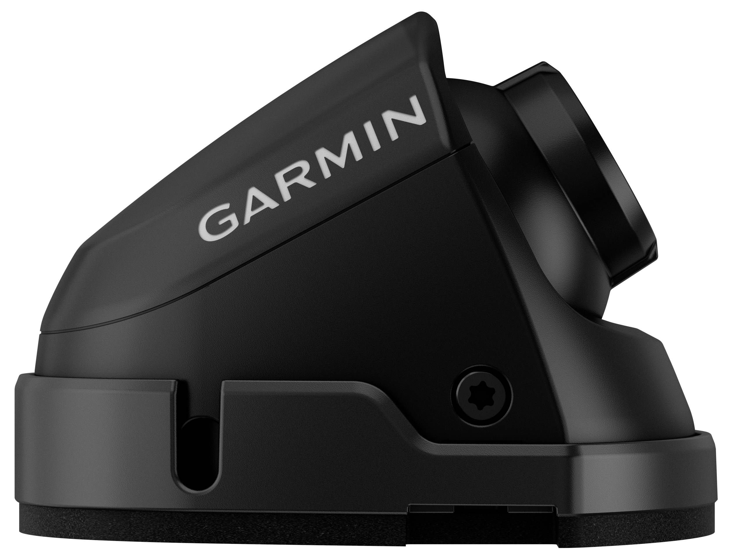 Fotocamera marina Garmin nera con un leggero inclinazione verso l'alto, progettata per ambienti marini al fine di fornire monitoraggio video e sorveglianza.